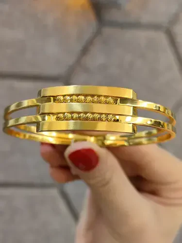 14 Ayar Altın Dorika Toplu 3 Sıralı Cimarlı Kaburga Kelepçe Bilezik KLP00312 - 2