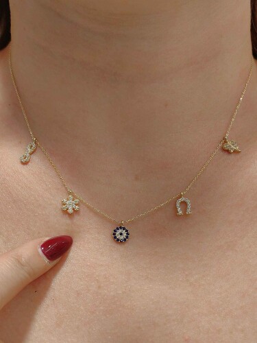 14 AYAR CHARM ŞANS ÖZEL TASARIM ALTIN KOLYE KLY01223 - 1