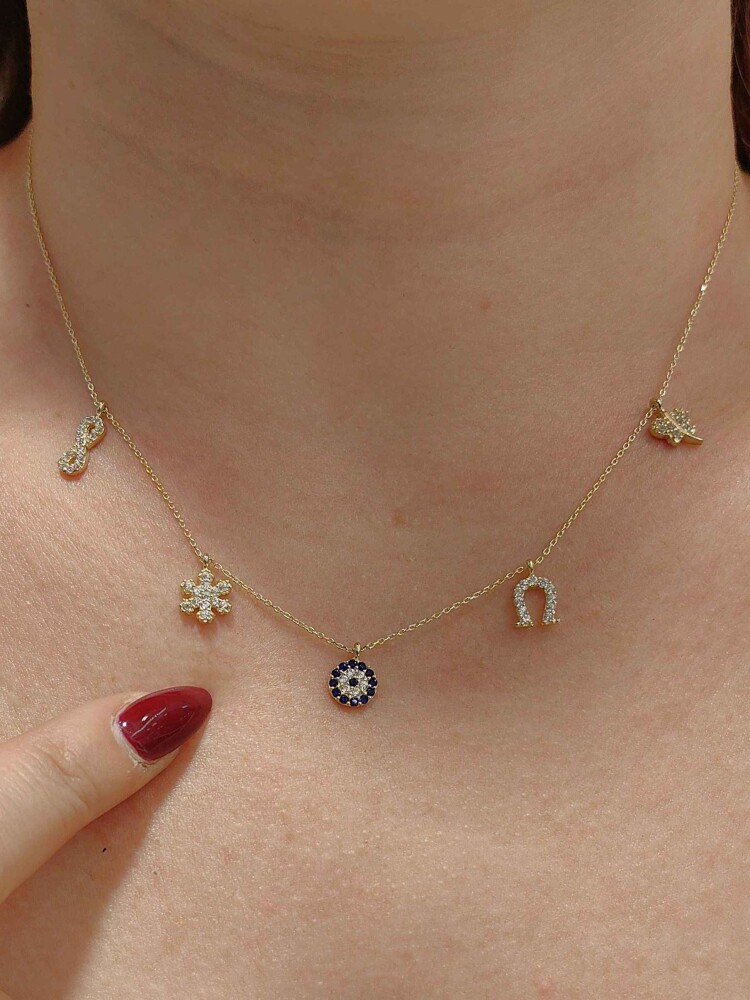 14 AYAR CHARM ŞANS ÖZEL TASARIM ALTIN KOLYE KLY01223 - 1