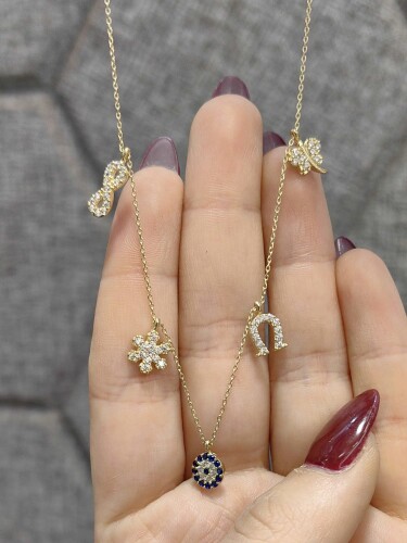 14 AYAR CHARM ŞANS ÖZEL TASARIM ALTIN KOLYE KLY01223 - 3