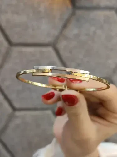 14 Ayar Çift Renk Minimal Altın Kaburga Kelepçe Bilezik XKLP00291 - 2