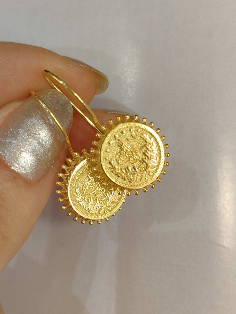 14 AYAR OSMANLI TUĞRA BASKILI MENGEÇLİ GÜL ALTIN KÜPE KUP01844 - 3