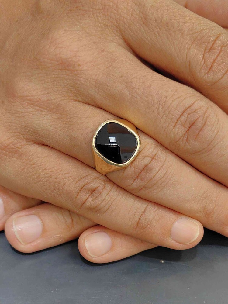 14 Ayar Oval Tasarım Siyah Taşlı Altın Erkek Yüzük YZ001229 - 2