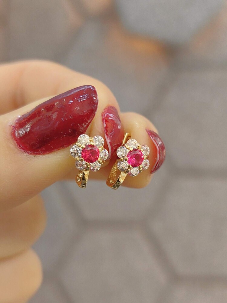 14 AYAR PEMBE TAŞLI ÇİÇEK MODEL J ALTIN BEBEK KÜPE KUP02105 - 1