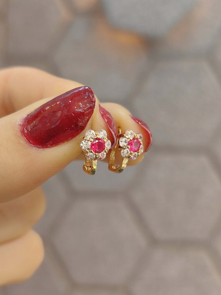 14 AYAR PEMBE TAŞLI ÇİÇEK MODEL J ALTIN BEBEK KÜPE KUP02105 - 2