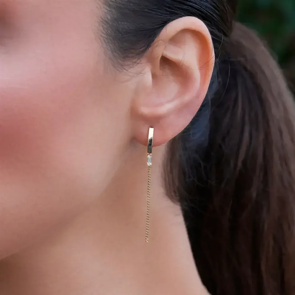 14 AYAR PİANO BAGETTO BAGET ZİNCİR SALLANTILI ALTIN KÜPE BGXE0015 - Piano Jewellery