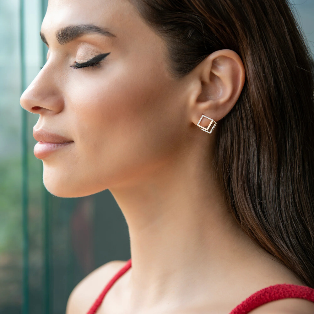 14 AYAR PİANO CUBIC TAŞLI GEO KÜP ALTIN KÜPE PXE0074 - Piano Jewellery