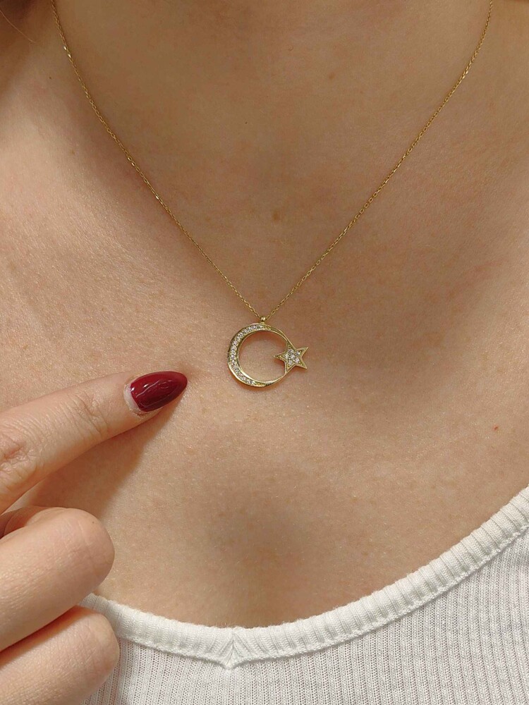 14 AYAR TAŞLI AY YILDIZ MODEL TARZ ALTIN KOLYE KLY00859 - 1