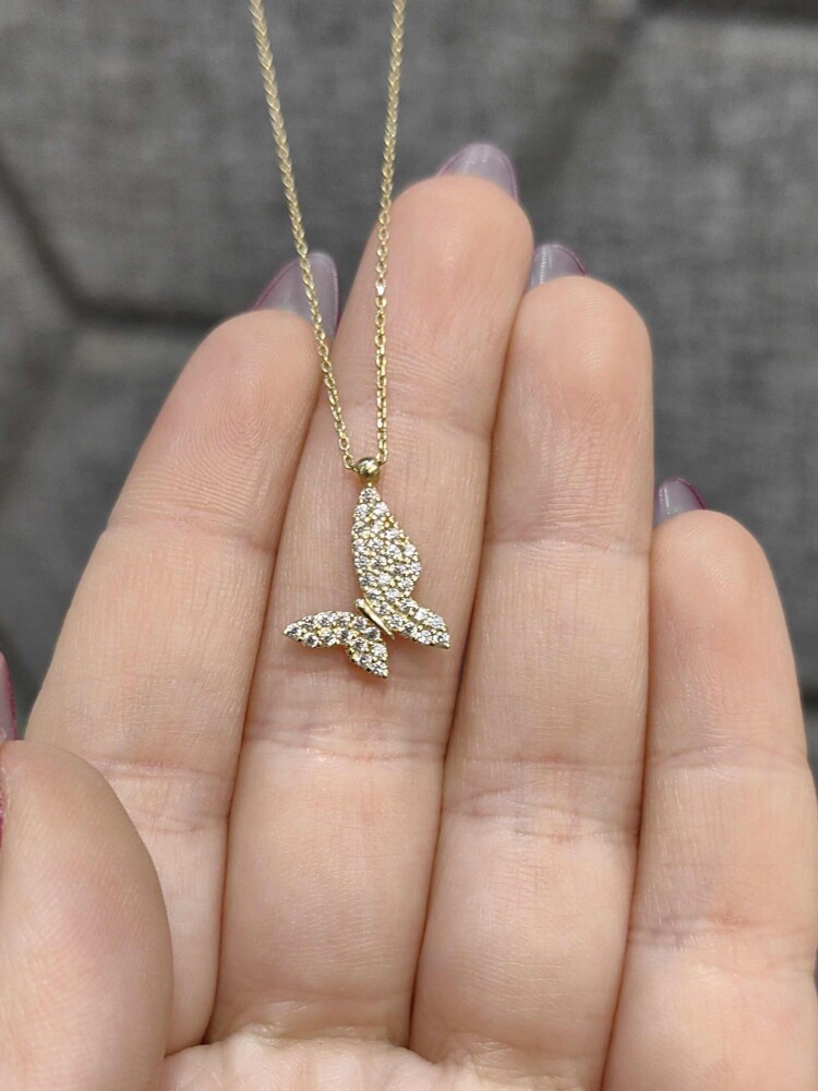 14 AYAR TAŞLI KELEBEK MODEL ALTIN KOLYE KLY00891 - 1