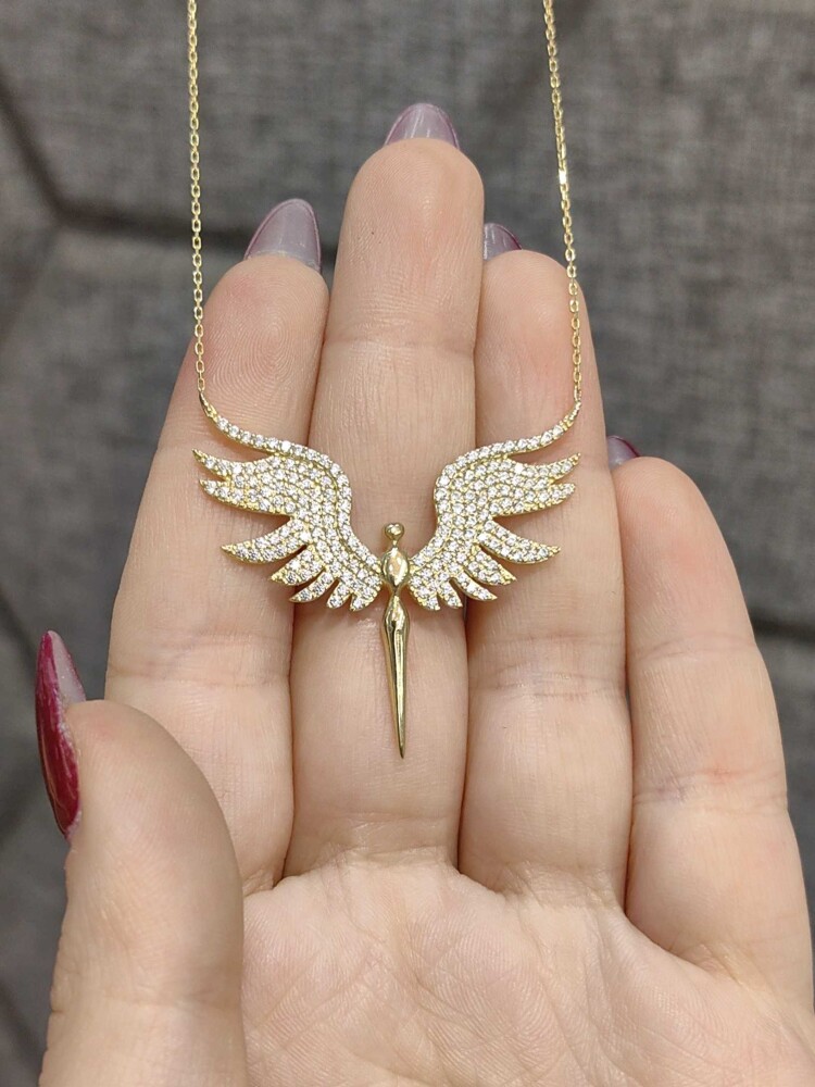 14 AYAR TAŞLI MELEK MODEL TARZ ALTIN KOLYE KLY00466 - 3