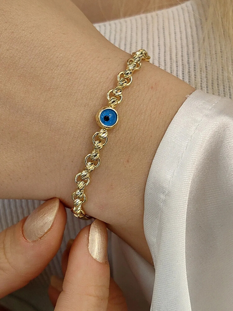 BALIK SIRTI ZİNCİRLİ İTALYAN DORİKA TOPLU 14 AYAR NAZAR ALTIN BİLEKLİK KNY01083 - Nasip Kuyumcu