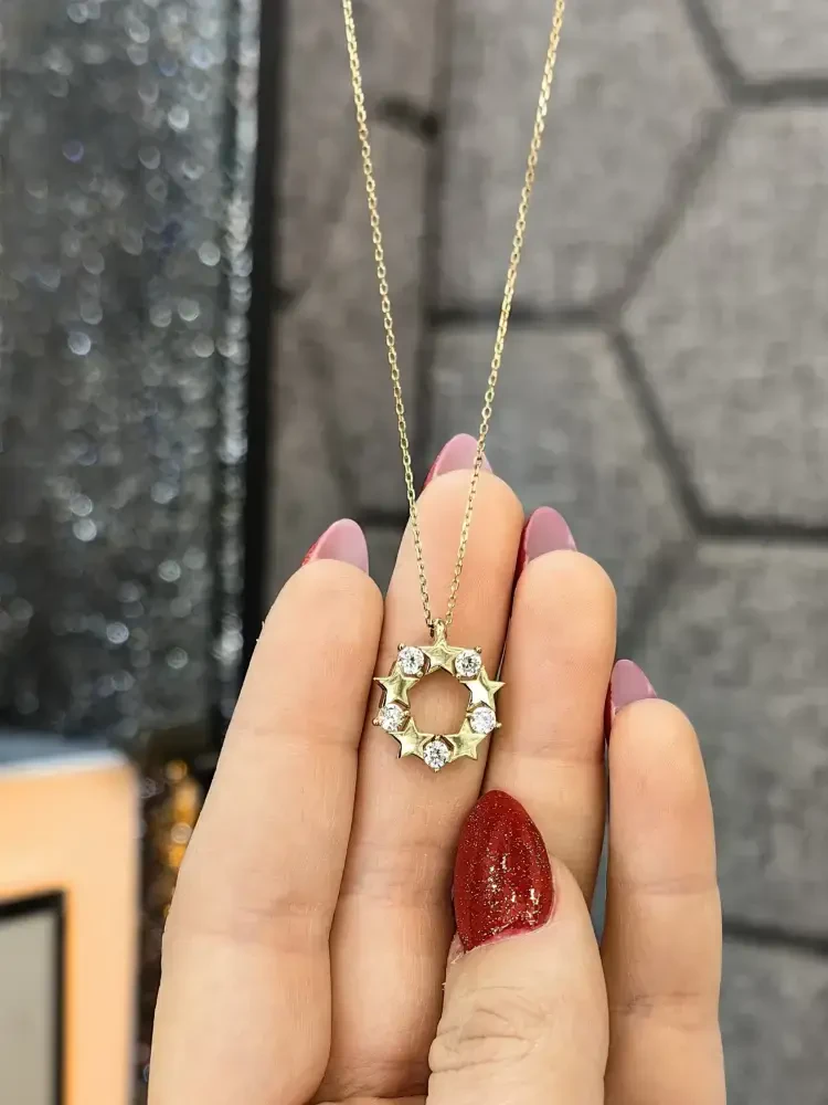 BEŞ TEK TAŞLI YILDIZLI MODEL ALTIN KOLYE 8 AYAR KLY00298 - 2