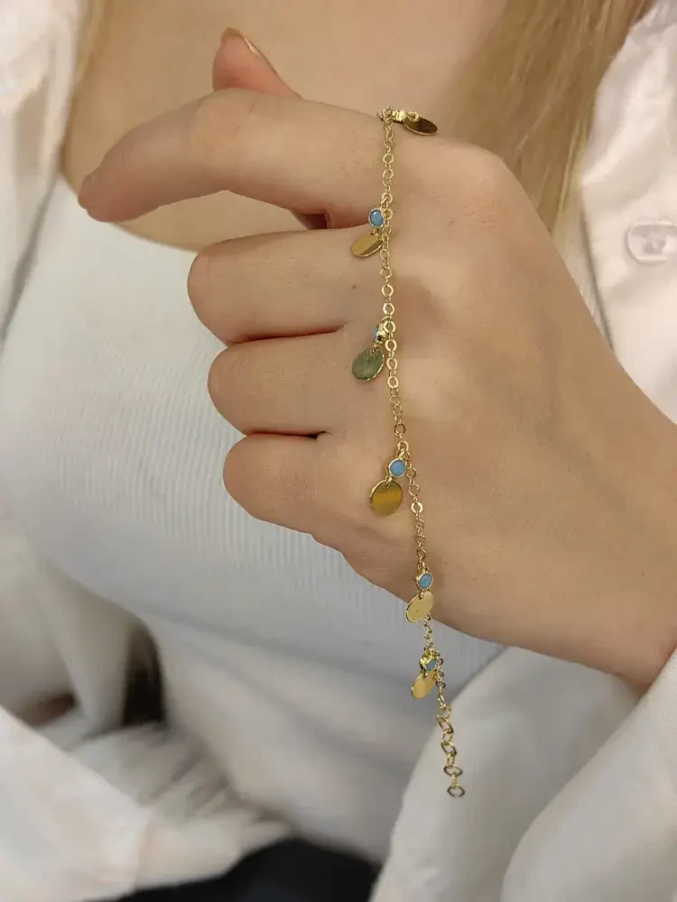 FİRUZE TAŞLI YEDİ FİGÜRLÜ 14 AYAR ŞANS TARZ ALTIN BİLEKLİK KNY00126 - Nasip Kuyumcu