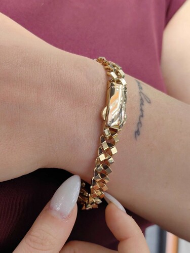 FİZYON İÇİ DOLU TOKA KİLİTLİ GURMET 14 AYAR ÖZEL TASARIM GURMET ZİNCİR ALTIN BİLEKLİK KNY01762 - 3