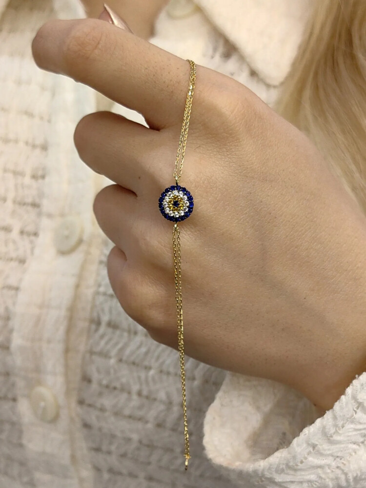 FORSE ZİNCİRLİ KIRINTI TAŞLI 14 AYAR NAZAR ALTIN BİLEKLİK KNY00714 - Nasip Kuyumcu