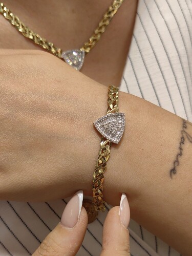 GURMET FİZYON KALEMLİ IŞILTILI CORONET DİZİLİMLİ BAGET VE PRENSES KESİM 14 AYAR TARZ ALTIN SET TAKIMI SET00464-486-485-KNY02473 - 5