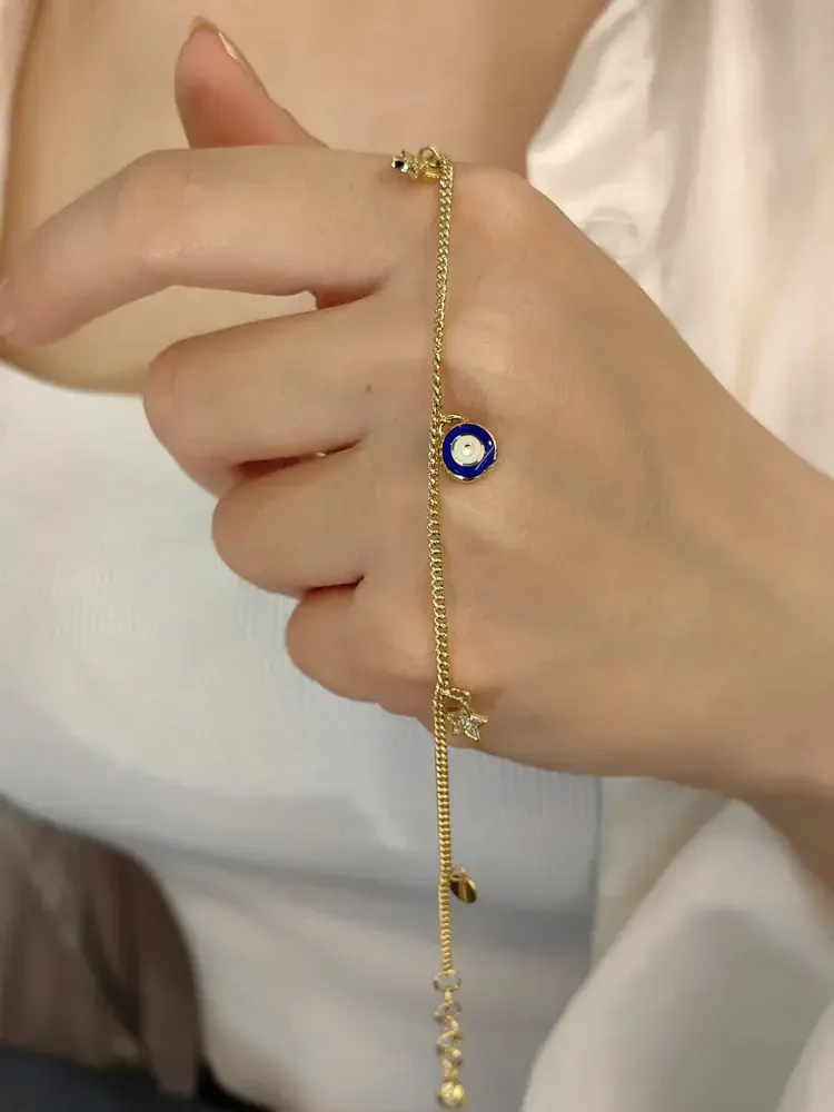 GURMET ZİNCİRLİ BEŞ FİGÜRLÜ 14 AYAR ŞANS NAZAR ALTIN BİLEKLİK KNY01098 - Nasip Kuyumcu