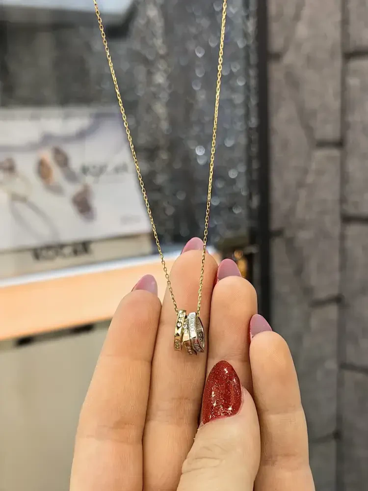 ÜÇ HALKA MODEL TAŞLI ALTIN KOLYE 8 AYAR KLY00266 - 1