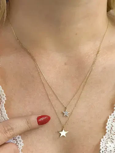 İKİ YILDIZ MODEL ALTIN KOLYE 14 AYAR KLY00196 - 2