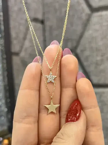 İKİ YILDIZ MODEL ALTIN KOLYE 14 AYAR KLY00196 - 3