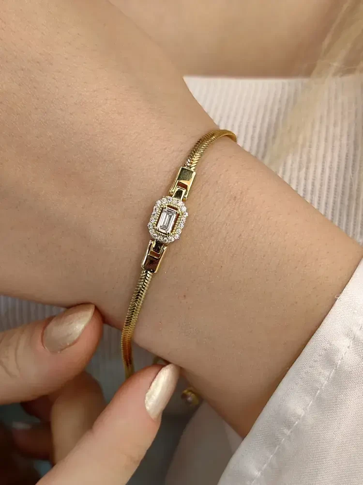 İTALYAN BALIK SIRTI BAGET TAŞLI 14 AYAR TARZ ALTIN BİLEKLİK KNY00604 - Nasip Kuyumcu