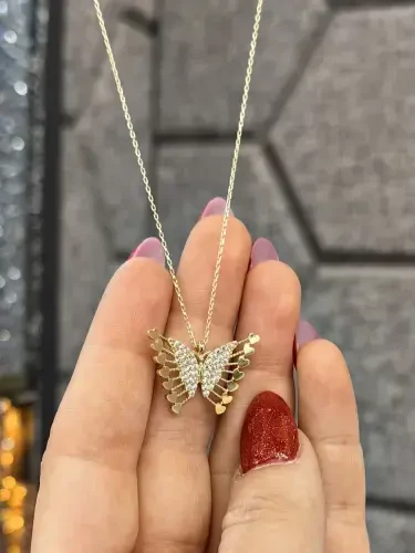 KALPLİ KELEBEK MODEL ALTIN KOLYE 14 AYAR KLY00176 - 1