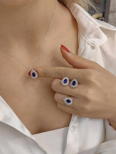 LACİVERT SWAROVSKİ TAŞLI 14 AYAR SET - 1