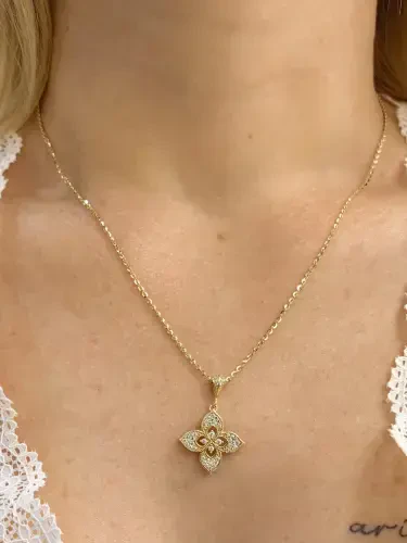 LOTUS ÇİÇEĞİ MODEL ALTIN KOLYE 14 AYAR KLY00057 - 3