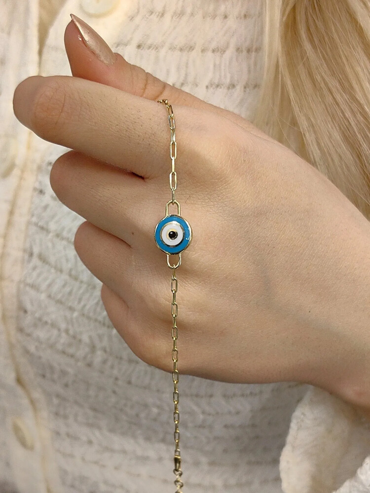 MİNELİ BALON ATAÇ ZİNCİRLİ 14 AYAR NAZAR ALTIN BİLEKLİK KNY00023 - Nasip Kuyumcu