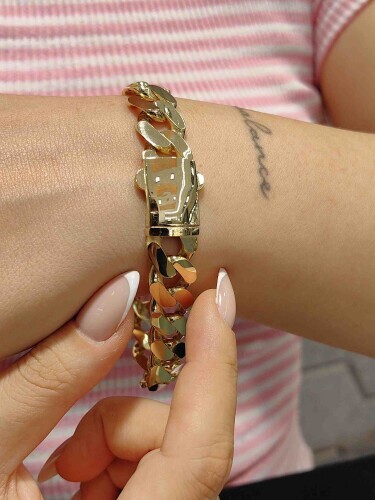 PARLAK CİLALI FİZYON GURMET DÖKÜM 14 AYAR ALTIN TARZ BİLEKLİK KNY02591 - 2