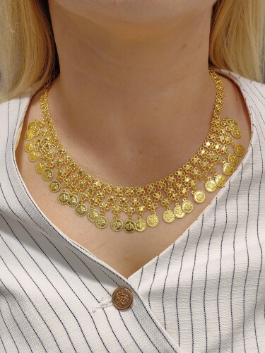 REŞAT BASKI MOTİFLİ FANTEZİ 14 AYAR ALTIN TARZ KOLYE SET00438 - Nasip Kuyumcu