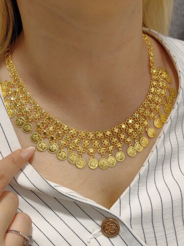 REŞAT BASKI MOTİFLİ FANTEZİ 14 AYAR ALTIN TARZ KOLYE SET00438 - 2