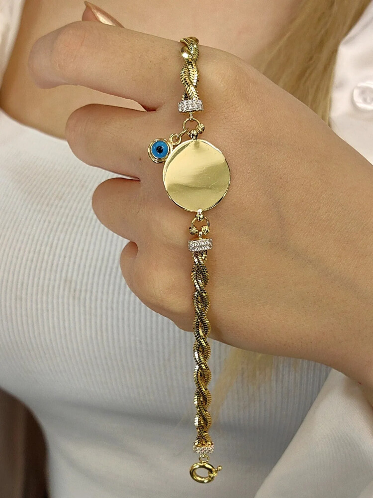 SAÇ ÖRGÜ İTALYAN BALIK SIRTI İSİM YAZILABİLİR DORİKALI PLAKA ALTIN BİLEKLİK KNY00092 - Nasip Kuyumcu