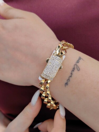 SERAMİK FİZYON TOKA KİLİTLİ 14 AYAR TAŞLI MODEL GURMET ZİNCİR ALTIN BİLEKLİK KNY01850 - 2