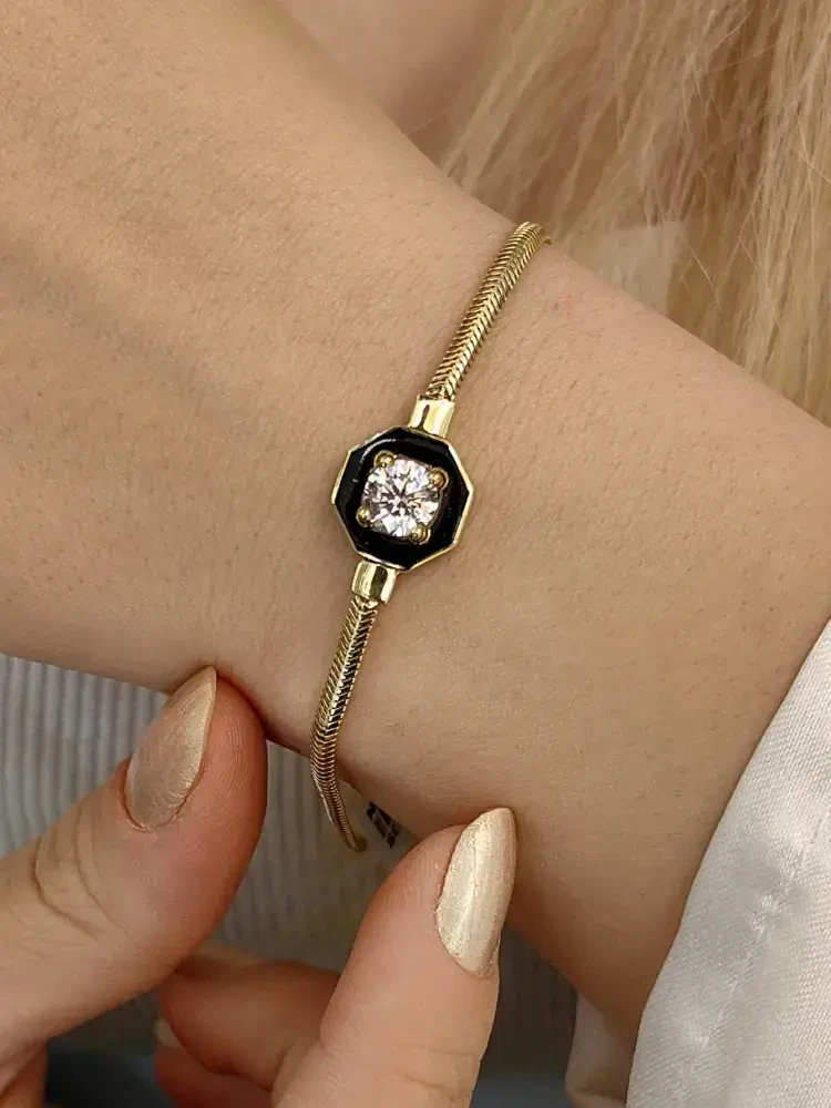 SİYAH MİNELİ SWAROVSKİ TAŞLI BALIK SIRTI ZİNCİRLİ ÇAĞLA 14 AYAR TARZ ALTIN BİLEKLİK SET00098 - Nasip Kuyumcu