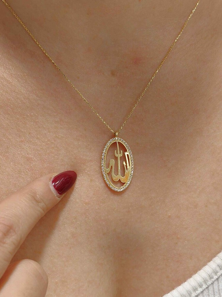 TAŞLI ALLAH LAFZI MODEL ALTIN KOLYE 14 AYAR KLY00200 - 1