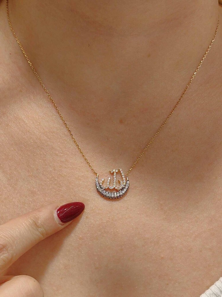 TAŞLI ALLAH LAFZI MODEL ALTIN KOLYE 14 AYAR KLY00506 - 2