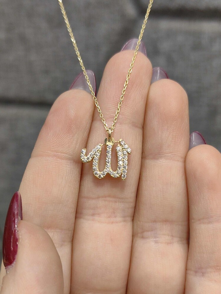 TAŞLI ALLAH LAFZI MODEL ALTIN KOLYE 14 AYAR KLY00720 - 3