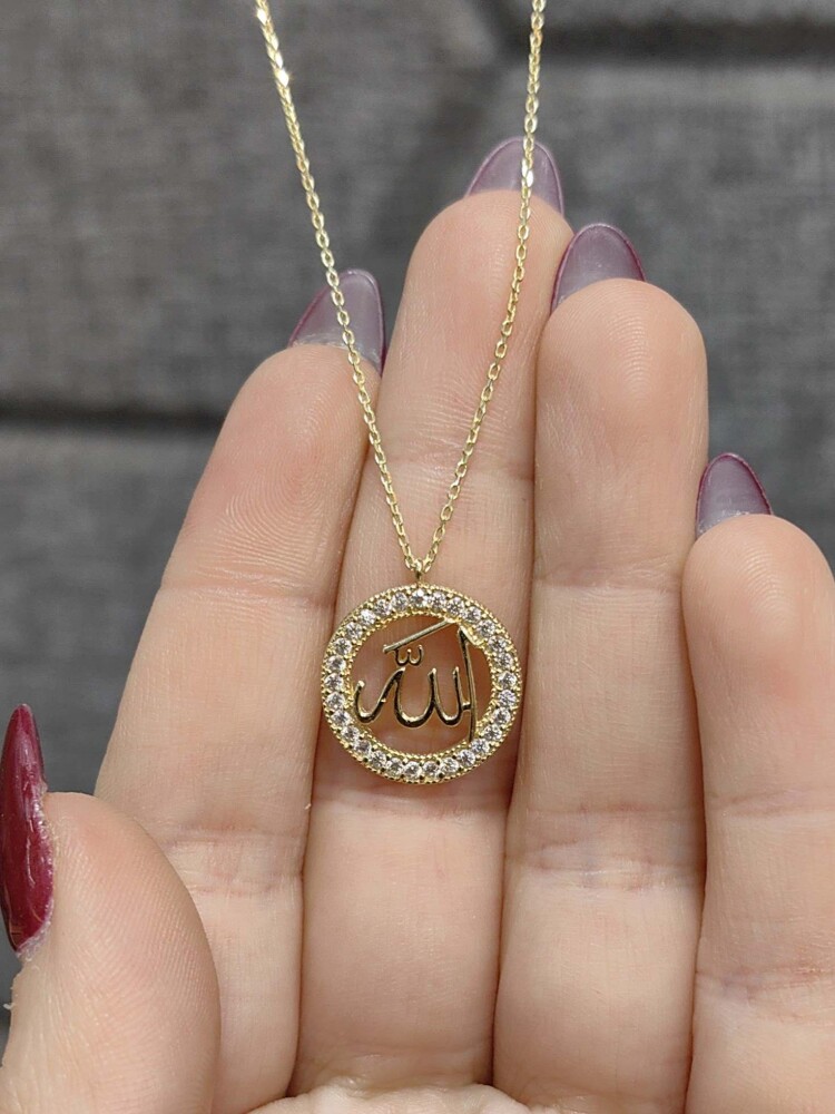 TAŞLI ALLAH LAFZI MODEL ALTIN KOLYE 14 AYAR KLY00199 - 1