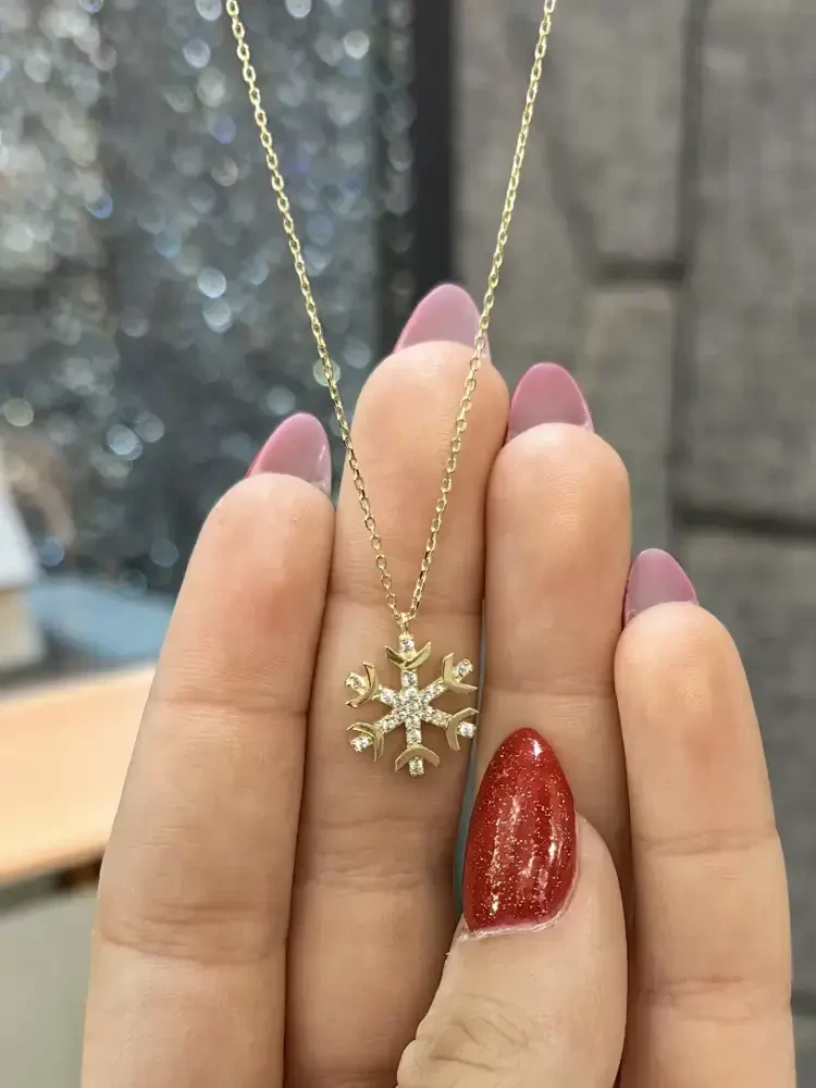 TAŞLI KAR TANESİ MODEL ALTIN KOLYE 14 AYAR KLY00754 - 1