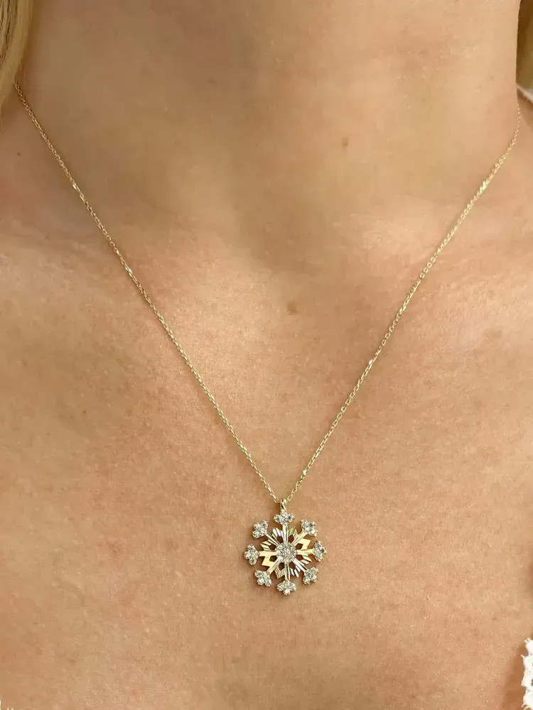 TAŞLI KAR TANESİ MODEL ALTIN KOLYE 14 AYAR KLY00756 - Nasip Kuyumcu