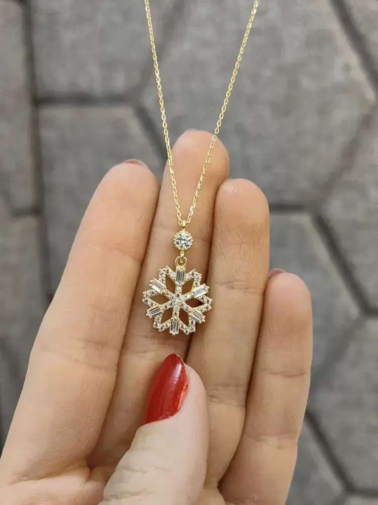 TAŞLI KAR TANESİ MODEL ALTIN KOLYE 8 AYAR KLY00795 - 1