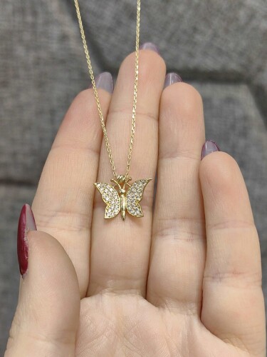 TAŞLI KELEBEK MODEL ALTIN KOLYE 14 AYAR KLY00635 - 1