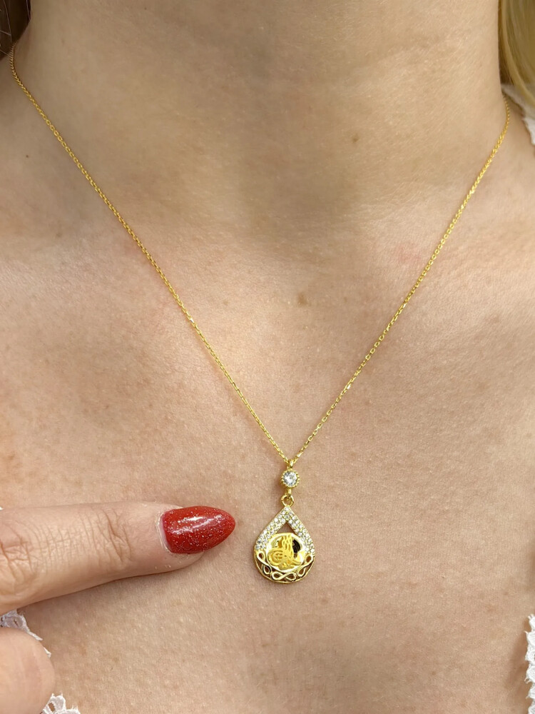 TAŞLI TUĞRALI ALTIN KOLYE 14 AYAR KLY00668 - Nasip Kuyumcu