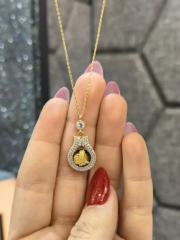 TAŞLI TUĞRALI ALTIN KOLYE 14 AYAR KLY00670 - Nasip Kuyumcu