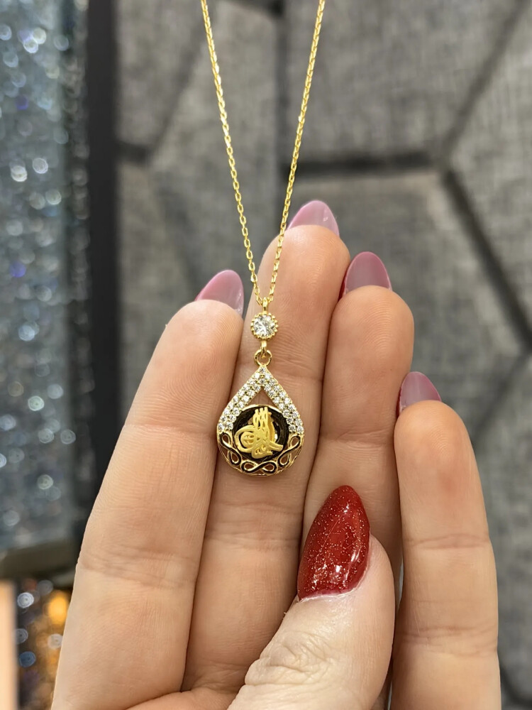 TAŞLI TUĞRALI ALTIN KOLYE 14 AYAR KLY00671 - Nasip Kuyumcu