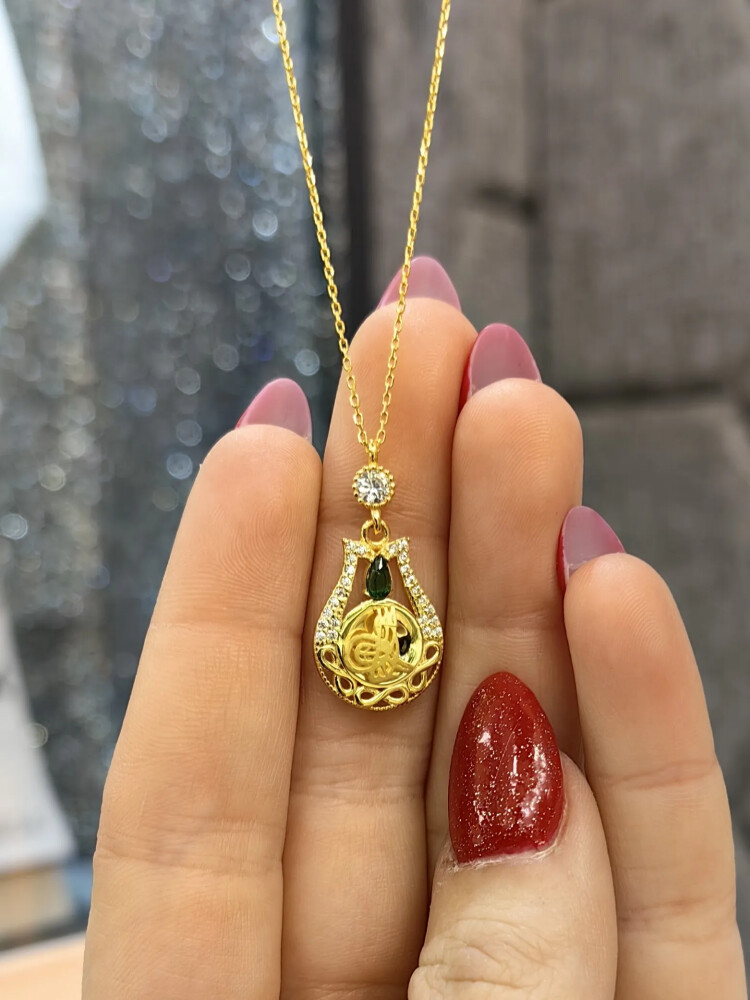 TAŞLI TUĞRALI ALTIN KOLYE 14 AYAR KLY00718 - Nasip Kuyumcu