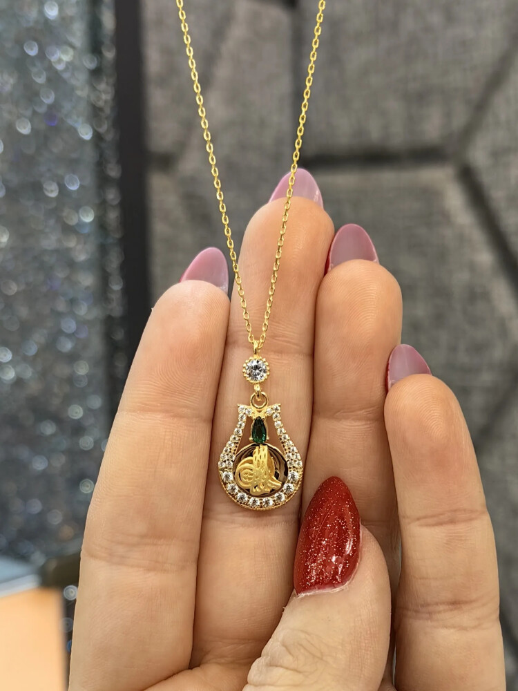 TAŞLI TUĞRALI ALTIN KOLYE 14 AYAR KLY00664 - Nasip Kuyumcu