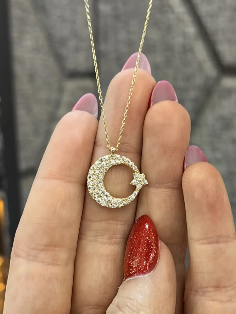 TAŞLI TÜRK BAYRAĞI MODEL ALTIN KOLYE 14 AYAR KLY00675 - Nasip Kuyumcu