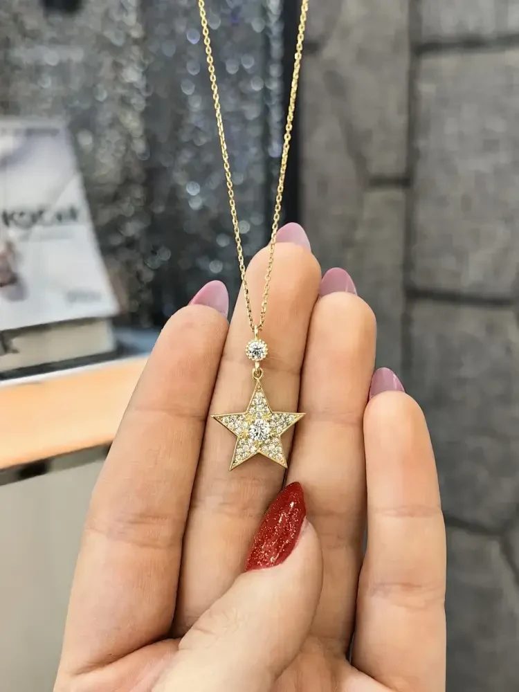 TAŞLI YILDIZ MODEL ALTIN KOLYE 8 AYAR KLY00583 - 1